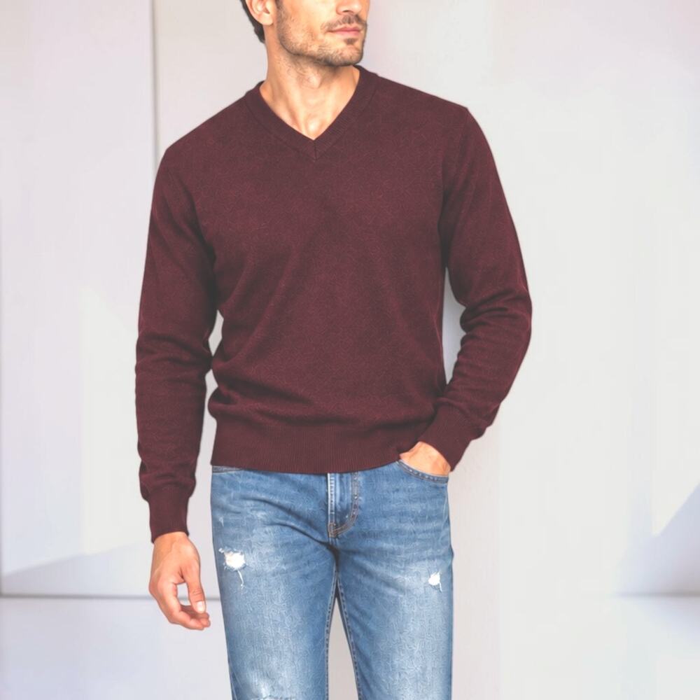 TOSCANO 100% Merino Wool Luxury Sweater Made In Italy V-Neck Burgundy Red Preppy